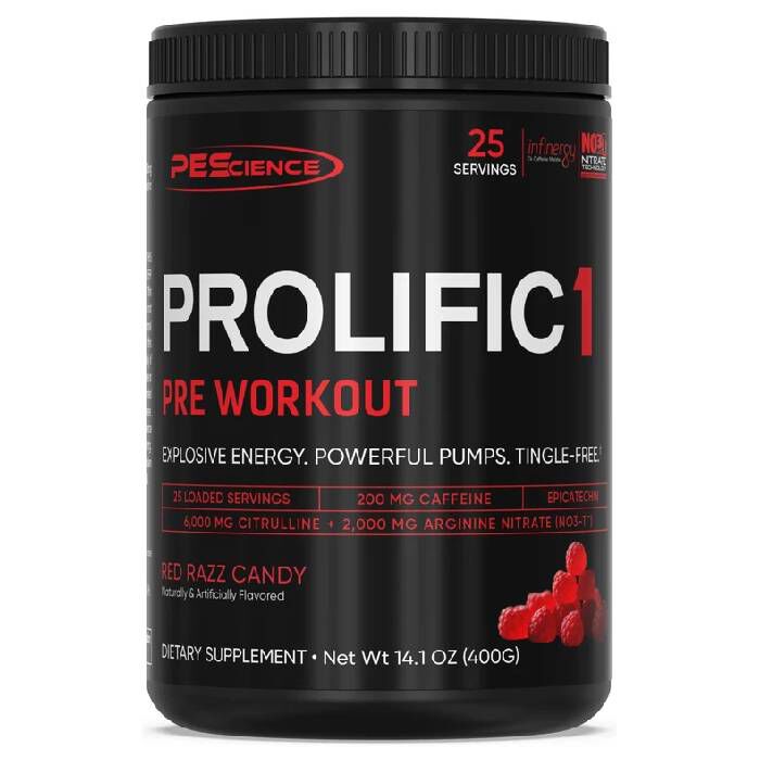 Prolific-1 Pre-Workout 25 Servings Red Razz Candy PEScience Prolific1 Pre-Workout Red Razz Candy 25 servings