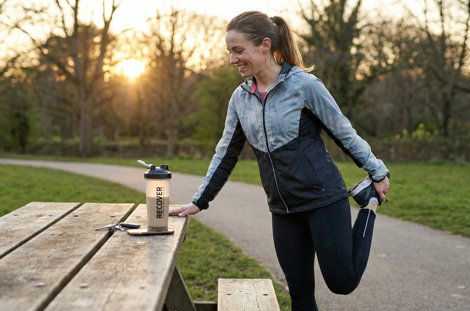 A woman stretches on a bench, holding a water bottle beside her, enjoying a moment of fitness and relaxation.